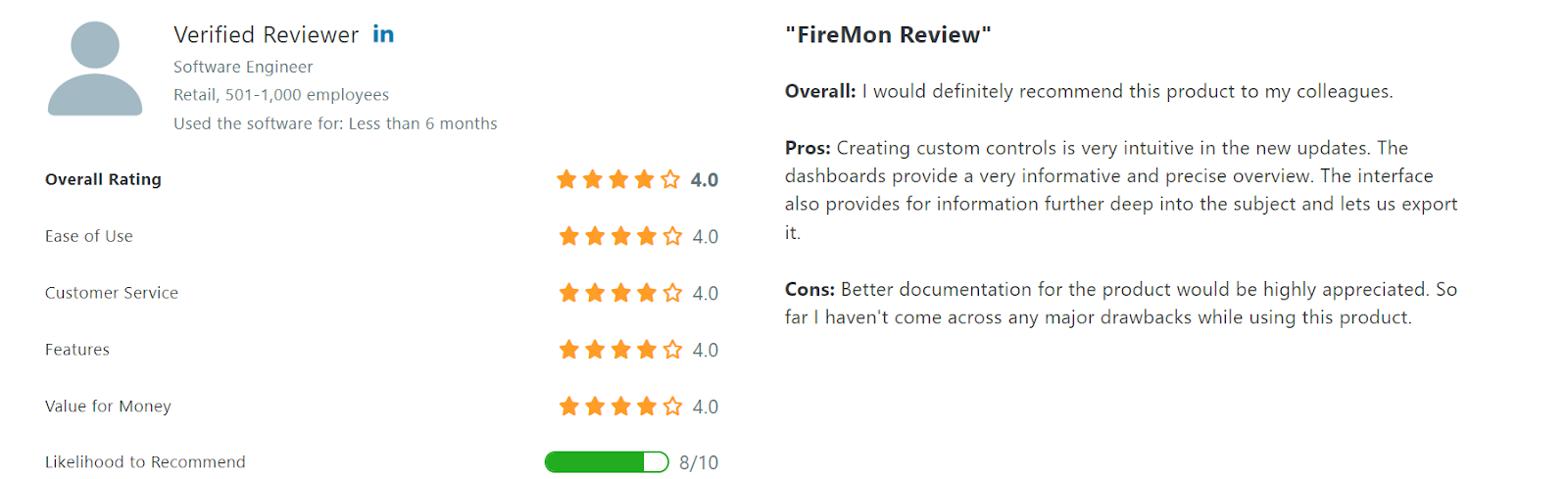 This image shows a user review on FireMon, one of the top firewall management tools.