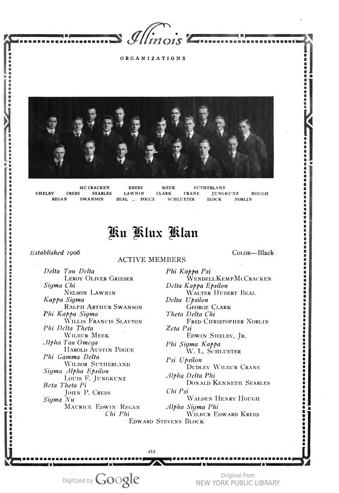 A black and white photo from the Illio yearbook of student KKK members. The group of white men are sitting and standing in straight lines wearing black suits with white shirts in front of a dark curtain. The members are listed below the picture. 