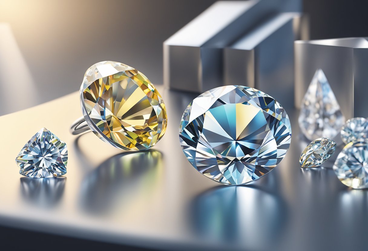 Lab-grown diamonds shine in a laboratory setting, showcasing their eco-friendly and sustainable production process. The diamonds are displayed in a modern and sleek environment, highlighting their ethical and cost-effective advantages