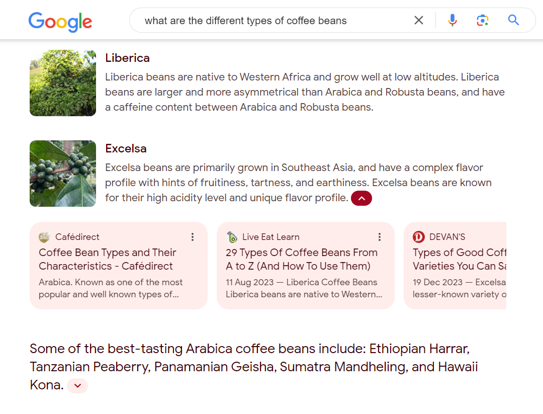 Google's Search Generative Search on "Types of Coffee Beans"