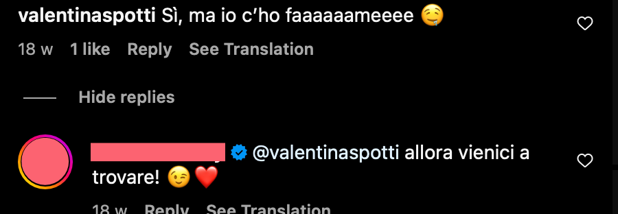 Commento positivo a un post che ritrae un piatto di spaghetti fumanti