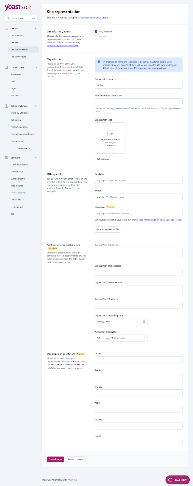 Yoast organization settings