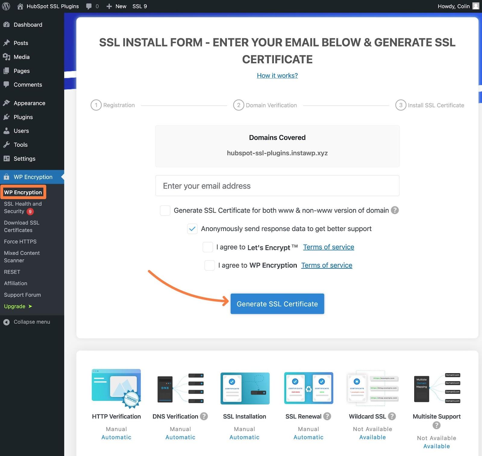 WordPress SSL plugin, how to generate an SSL certificate with WP Encryption.