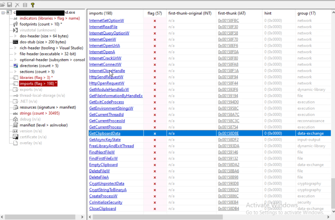 Figure 9. Breakdown of BunnyLoader PE file showing potentially malicious imports 