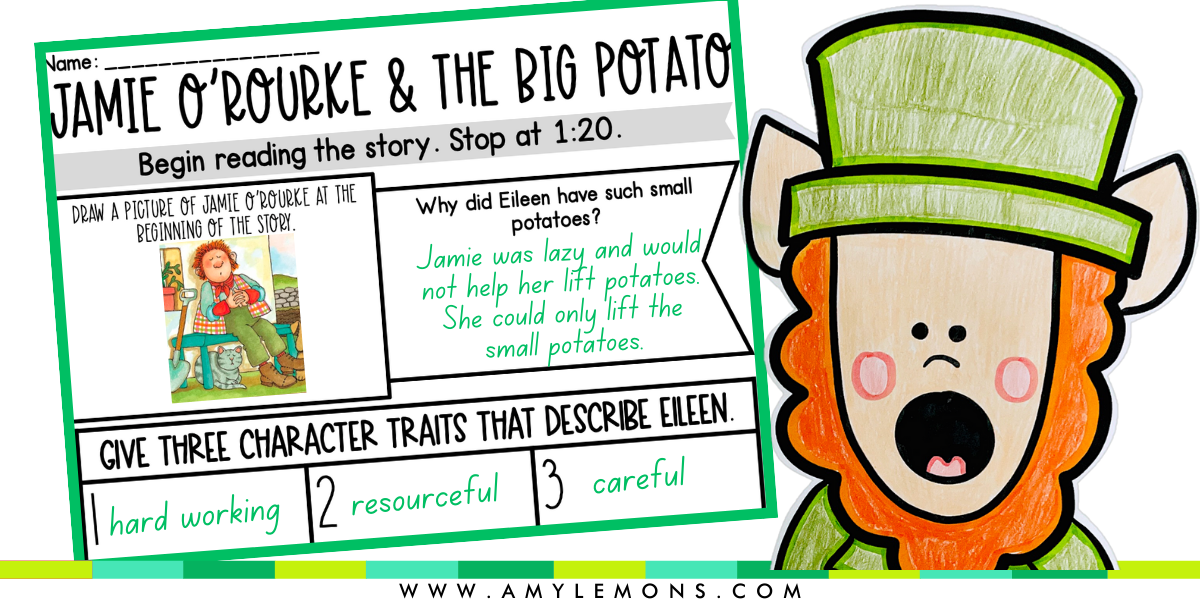 Jamie O'Rourke and the Big Potato picture book with St. Patrick's Day activities for school.