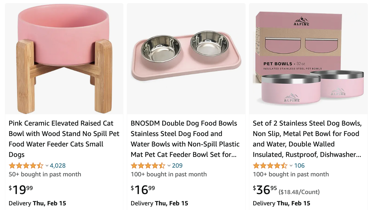 Amazon search results for “pink dog bowls”