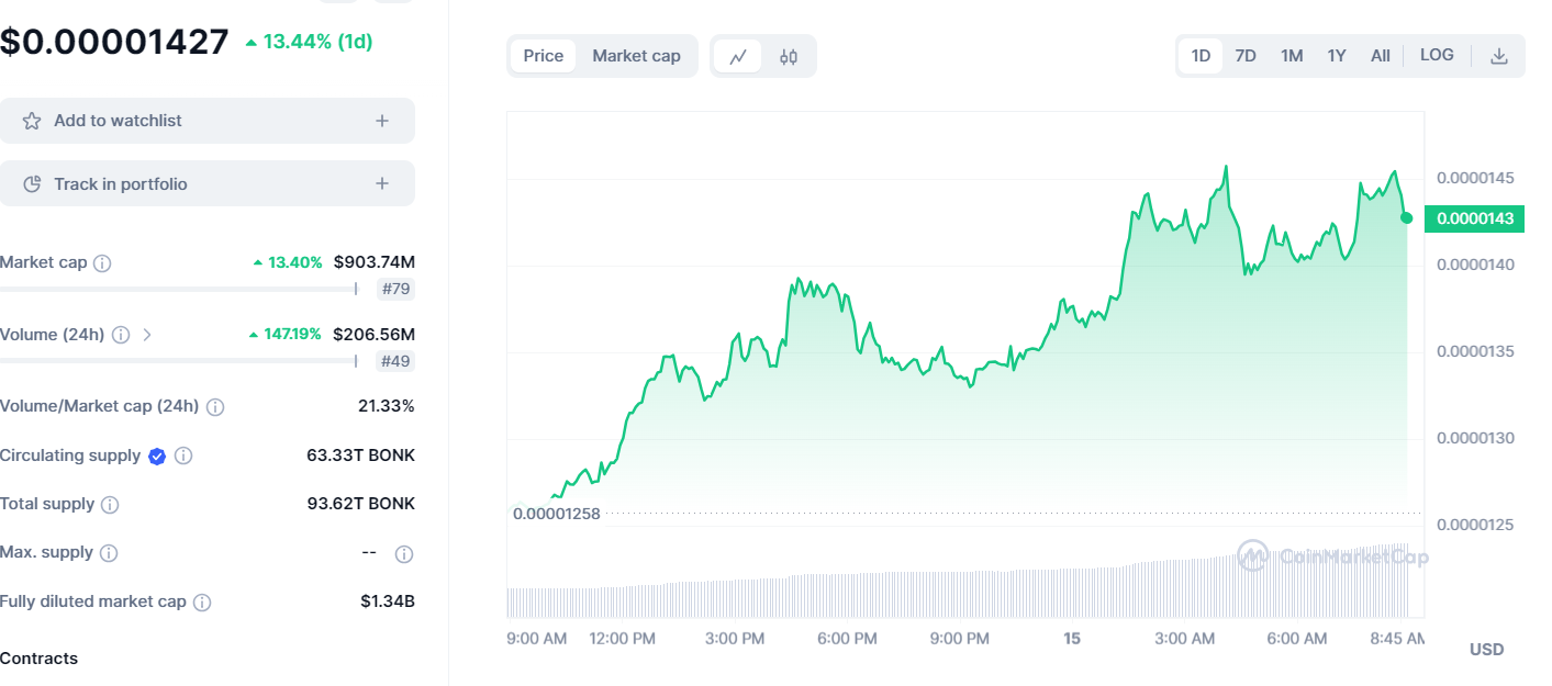 BONK 24 hour price chart