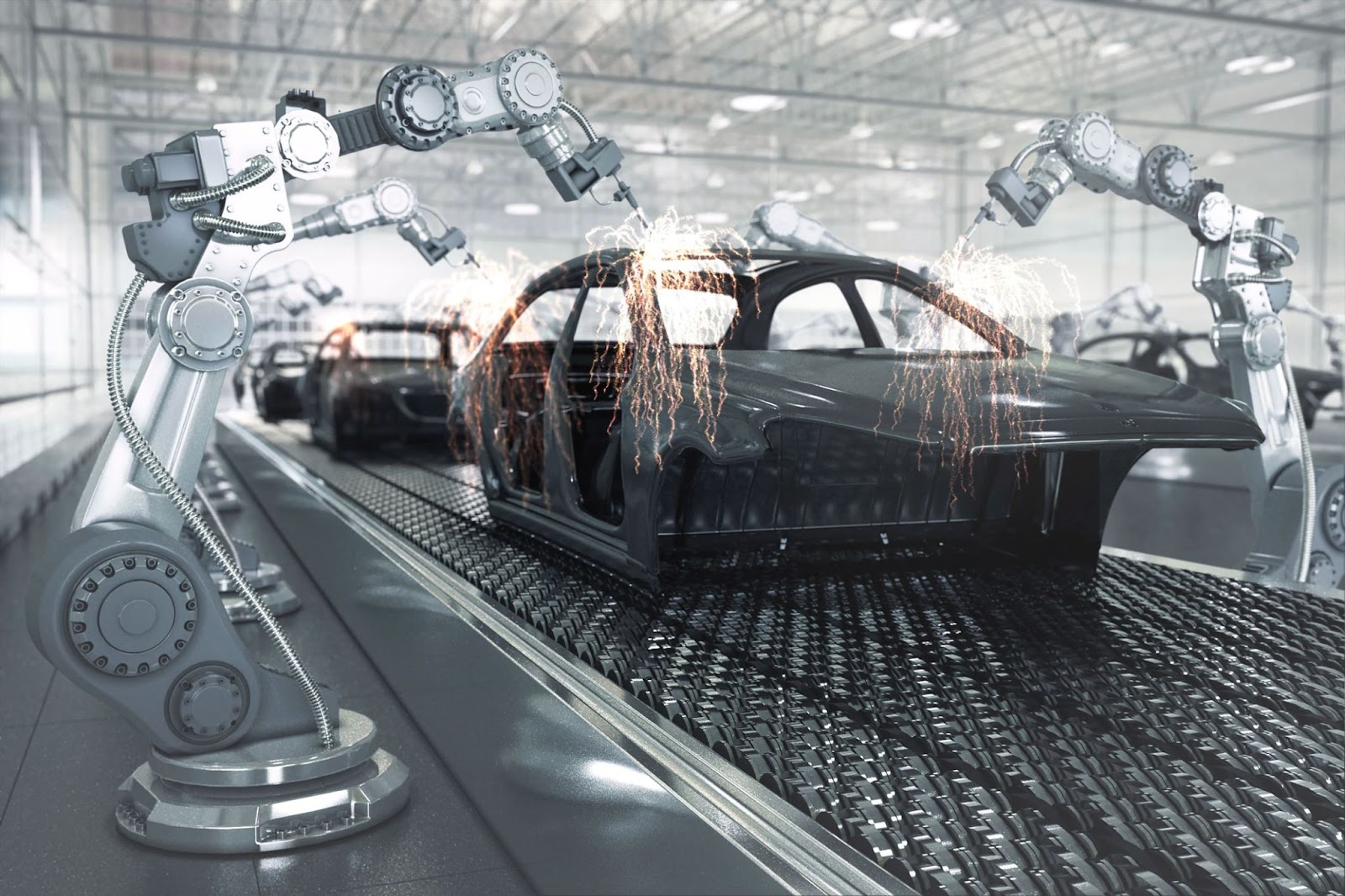 car manufacturing robots with car on cars on automated conveyor belt