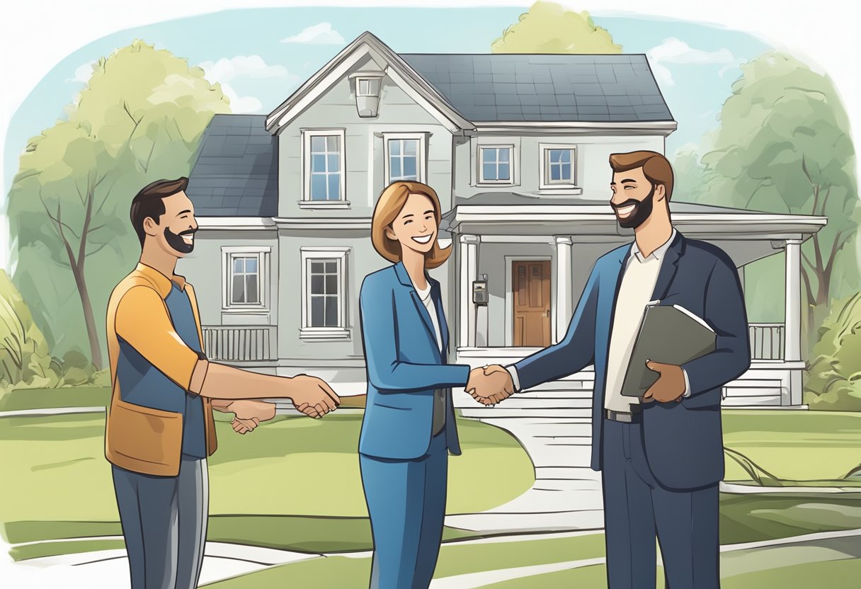 A smiling homeowner presents keys to a happy buyer in front of a sold sign, with a real estate agent shaking hands in the background