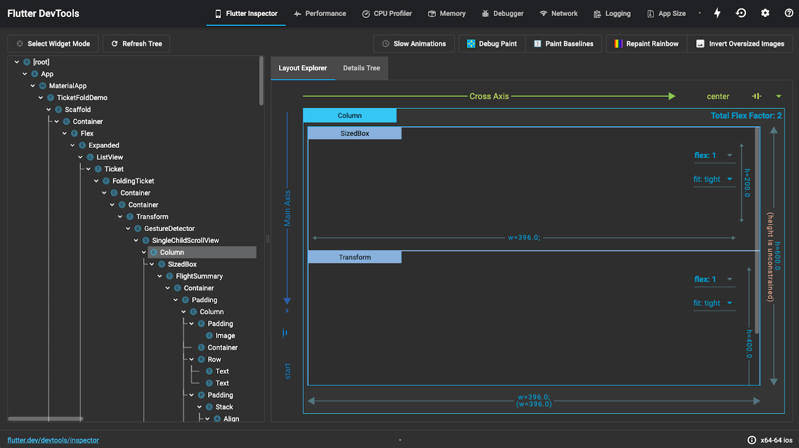 screenshot of Inspector in Flutter for debugging