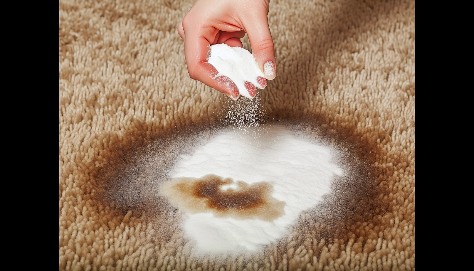 Baking soda sprinkled on a carpet to absorb oil stains