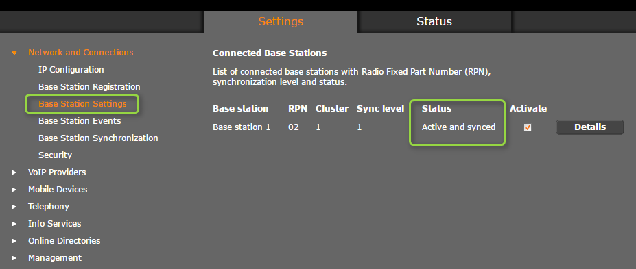 Регистрация базы Gigaset N720 DECT на контроллере DECT MANAGER через веб интерфейс - статус синхронизации базовой станции