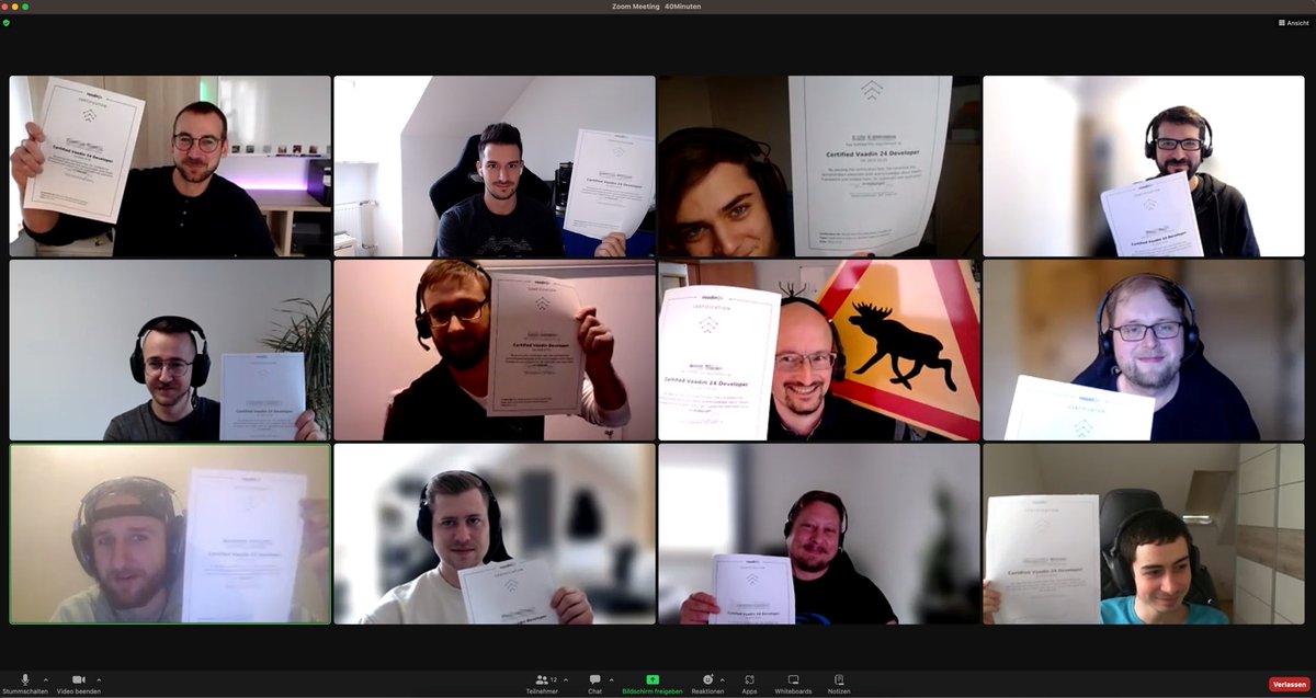 Screenshot of team meeting where all developers are holding up their Vaadin certification.