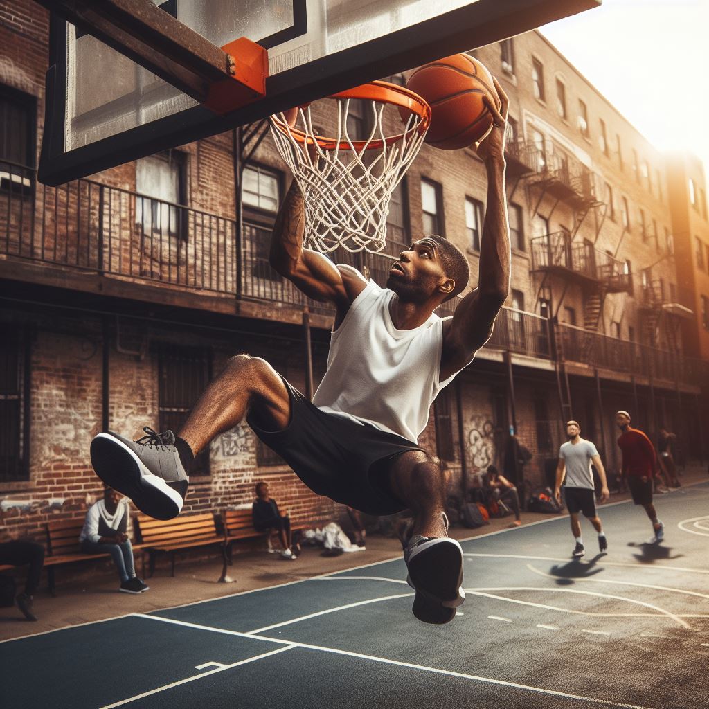 another example of dall e 3 of a black male basketball player doing a slam dunk in a pickup game