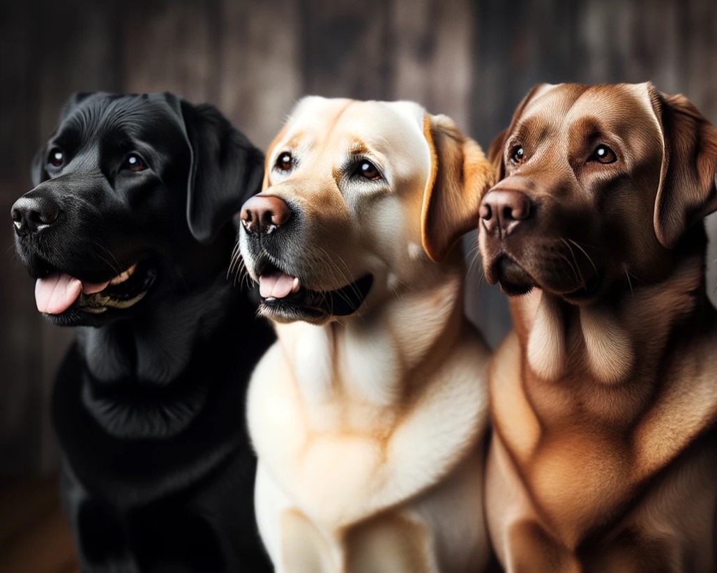 three labrador retrievers with different coat colors - black, white and chocolate