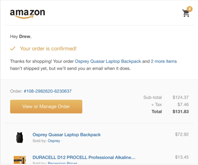 Trang xác nhận đơn hàng Amazon