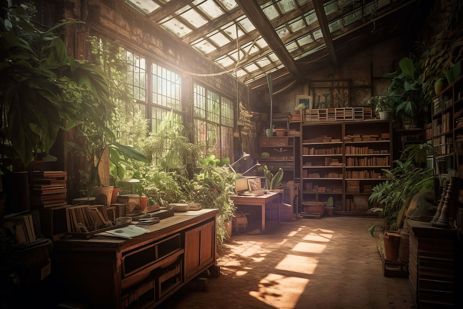 AI generated image of windowed library conservatory with natural lighting, by Cincinnati-based food/drink photographer Teri Campbell.