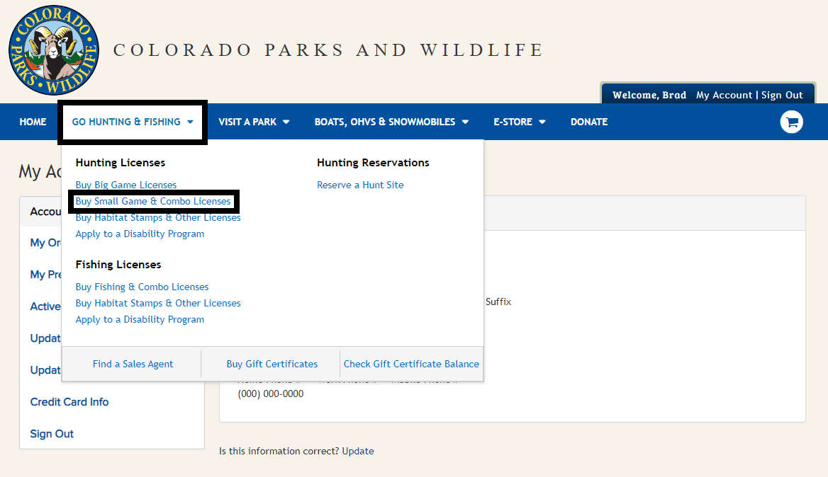 CPWshop.com Account Summary Page showing the go hunting and fishing dropdown menu at the top of the page. Image shows to click on buy small game and combo licenses link.