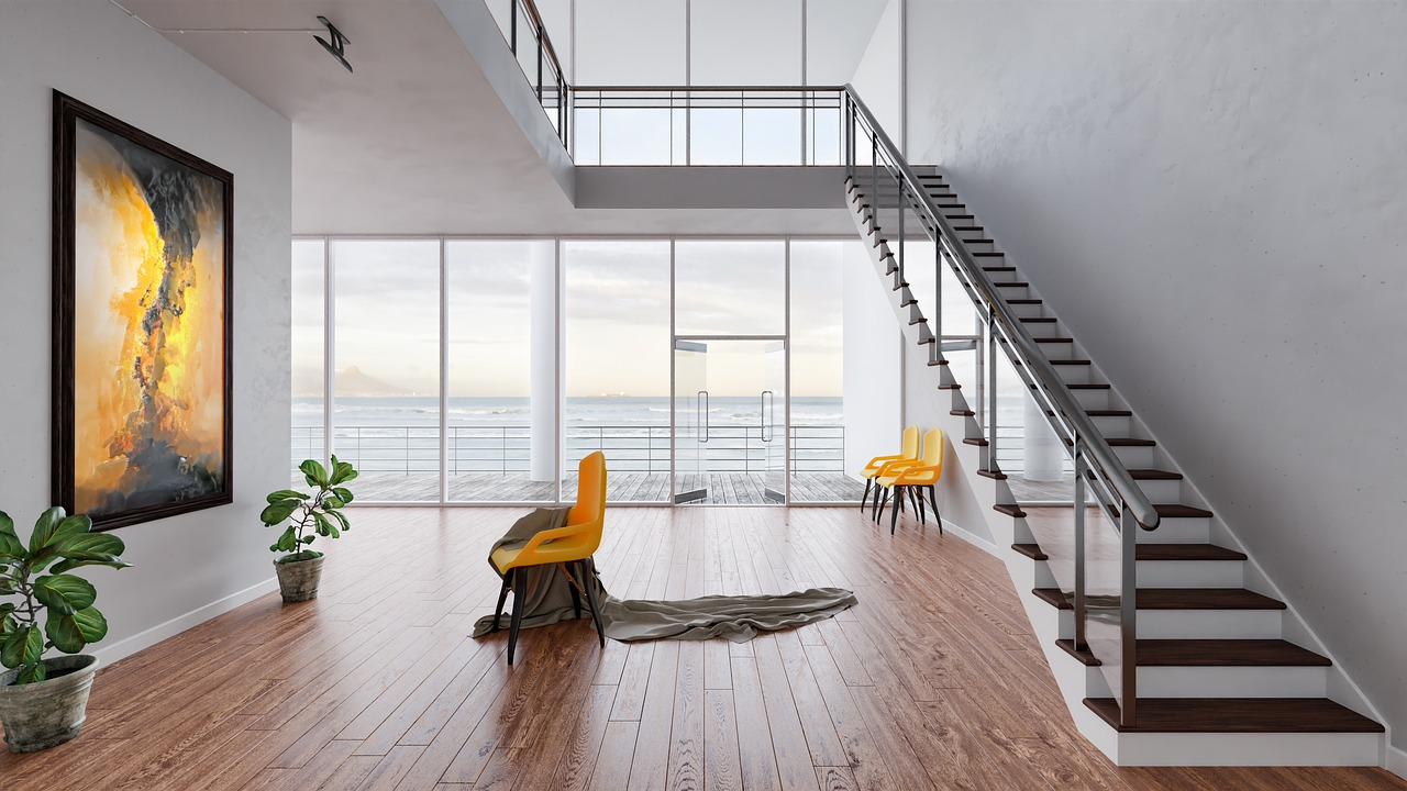 a wide shot of an interior apartment with a large, high quality yellow print to the left