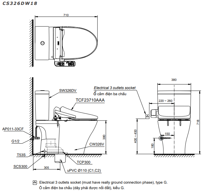 Bản vẽ kỹ thuật bàn cầu hai khối kèm nắp rửa điện tử  CS326DW18#XW