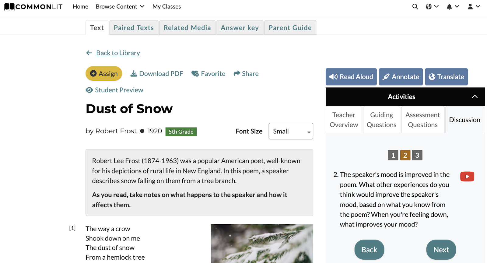 Screenshot of a Robert Frost winter poem, called “Dust of Snow,” from the CommonLit Library