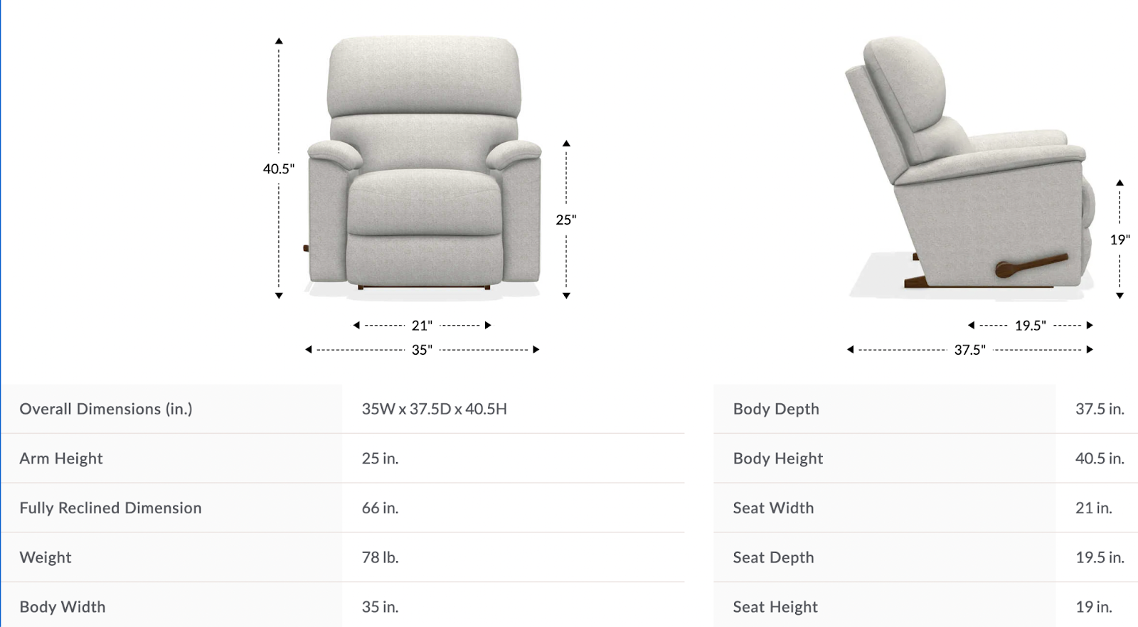 brooks wall recliner dimensions