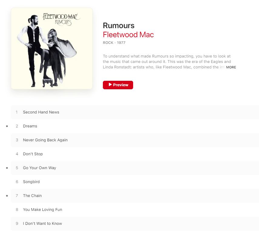 Apple Music screenshot of Rumours by Fleetwood Mac album page with the star icons on three songs: The Chain, Go Your Own Way, and Dreams