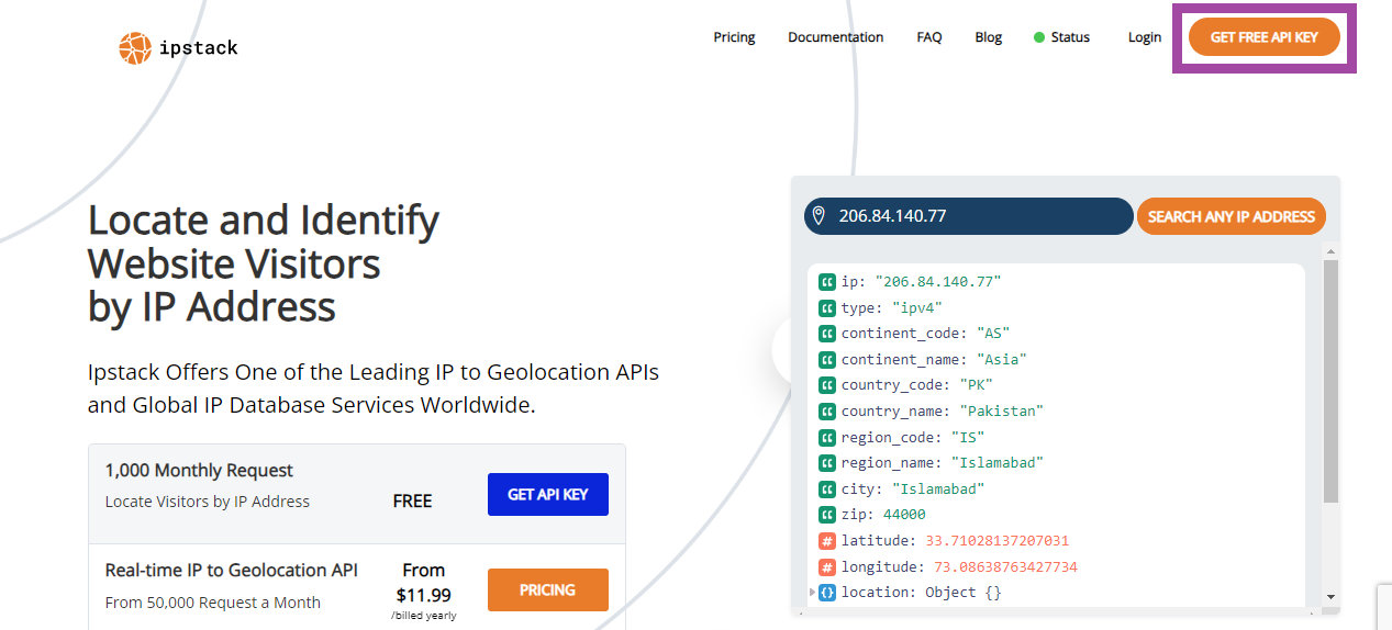 integrating Ipstack website to get your API key