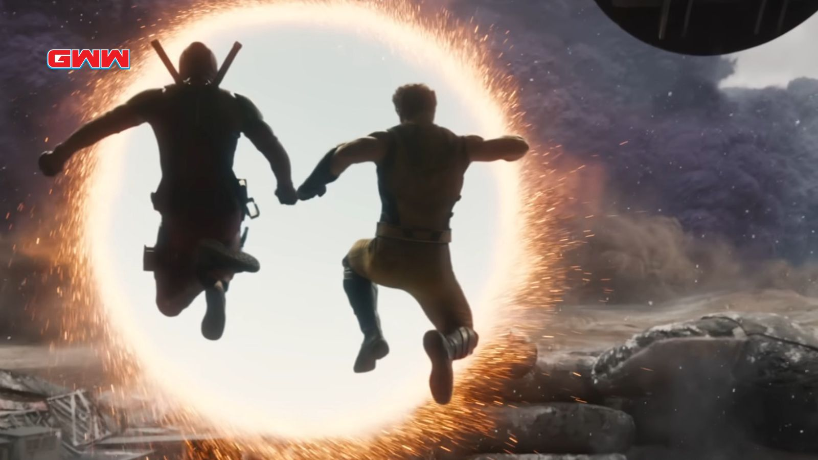 Two heroes jumping through a fiery portal holding hands.