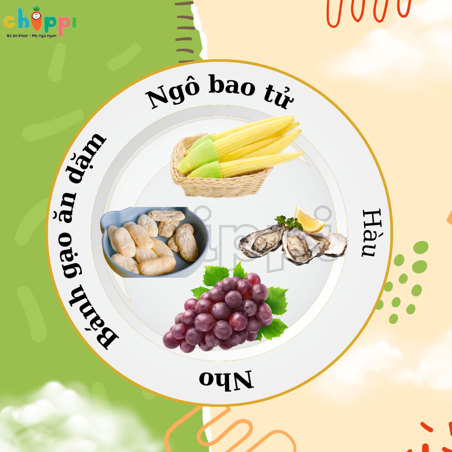 Thực đơn 1: Bánh gạo hoặc bánh ngũ cốc, hàu, ngô bao tử, nho