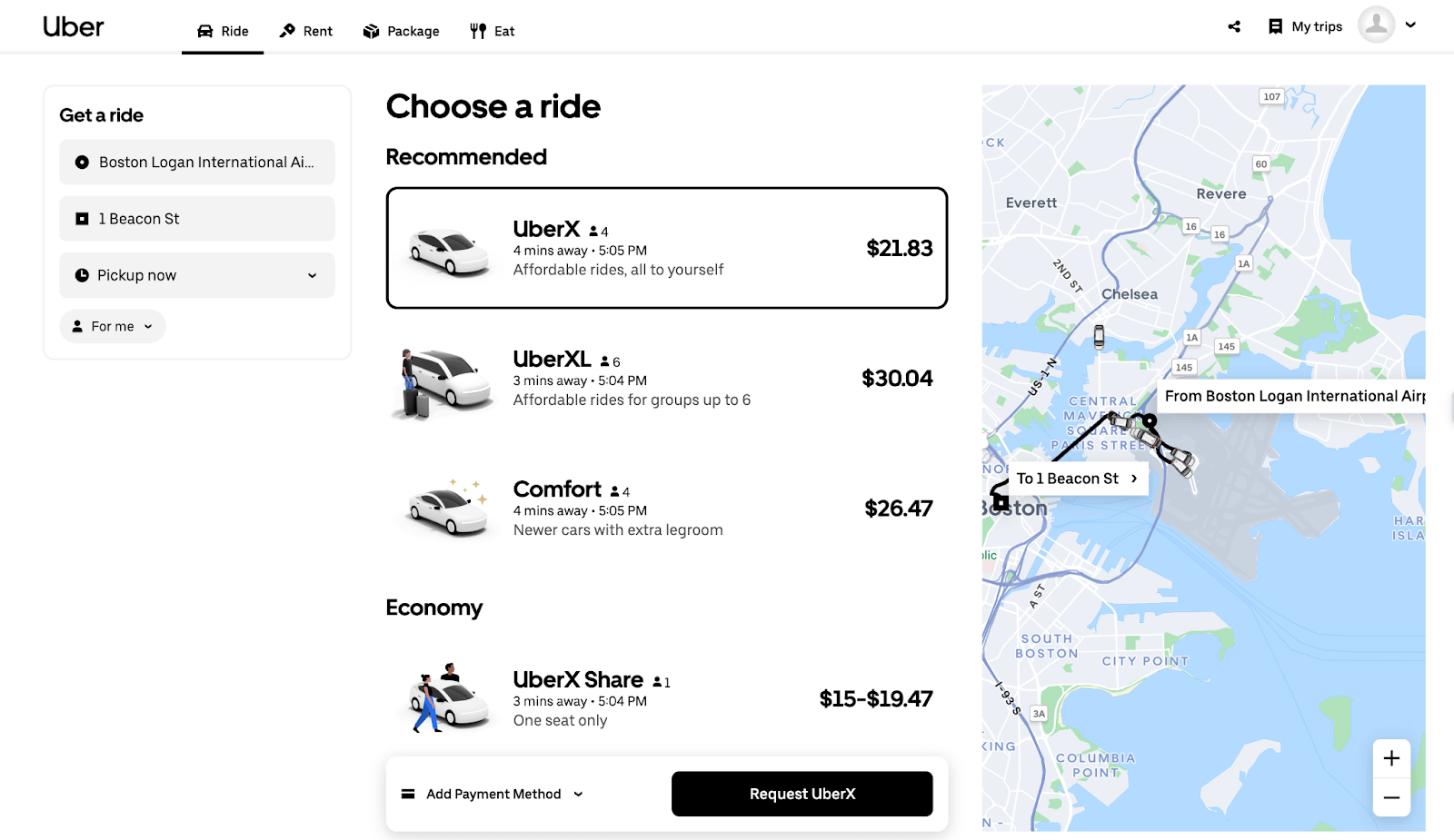 A screenshot of Uber options from the Boston Logan International Airport to a destination in the city.