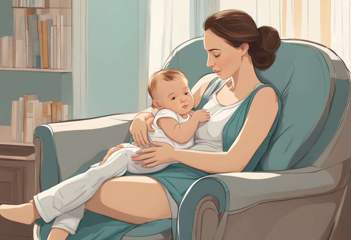 A mother and baby sitting in a comfortable chair, with the baby latched onto the breast and the mother looking content and relaxed