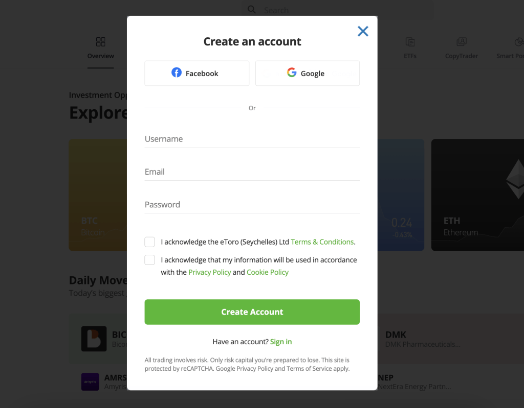 Sign Up on eToro