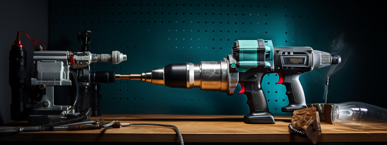 a vise securely holds the spray foam gun while a multipurpose utility tool with pliers and wire cutters helps to remove the stuck drill bit.