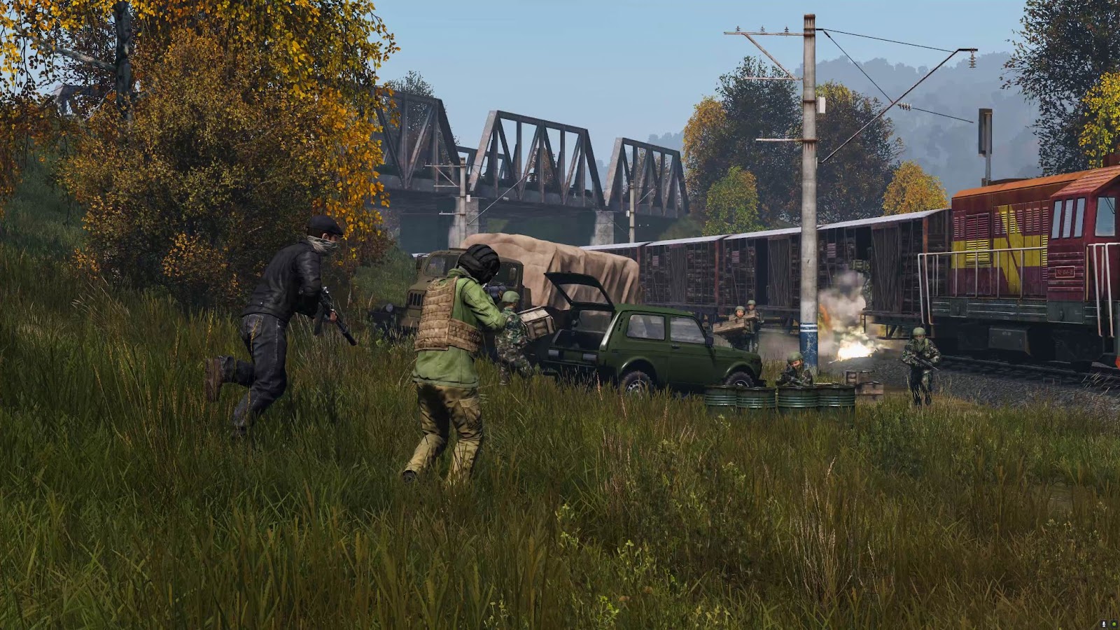 A screenshot of several players near some abandoned cars and a bridge in DayZ.