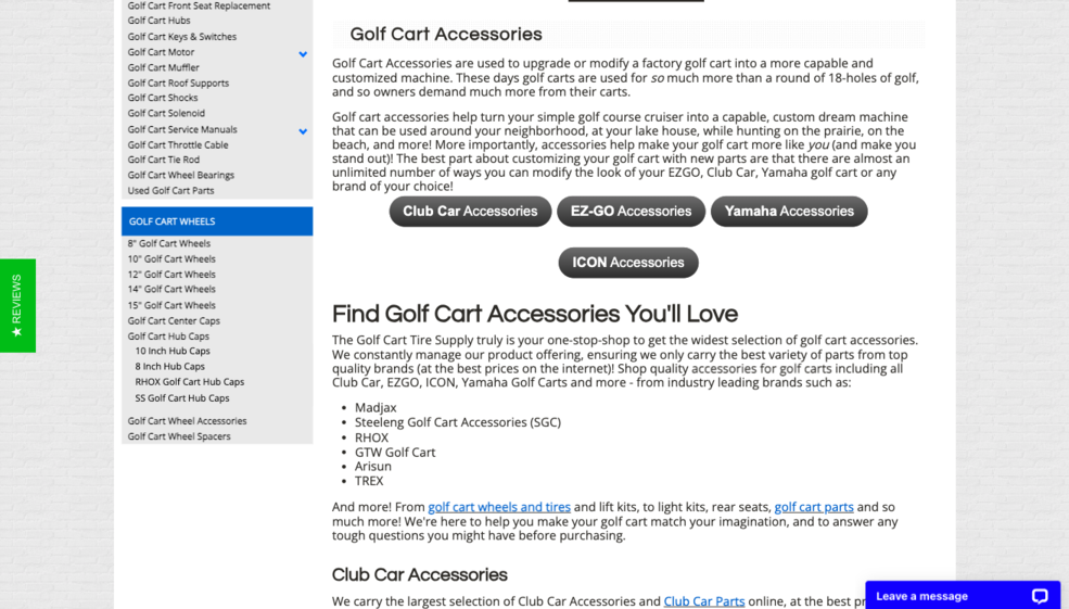 screenshot of the golf cart accessories product collections page of Golf Cart Tire Supply
