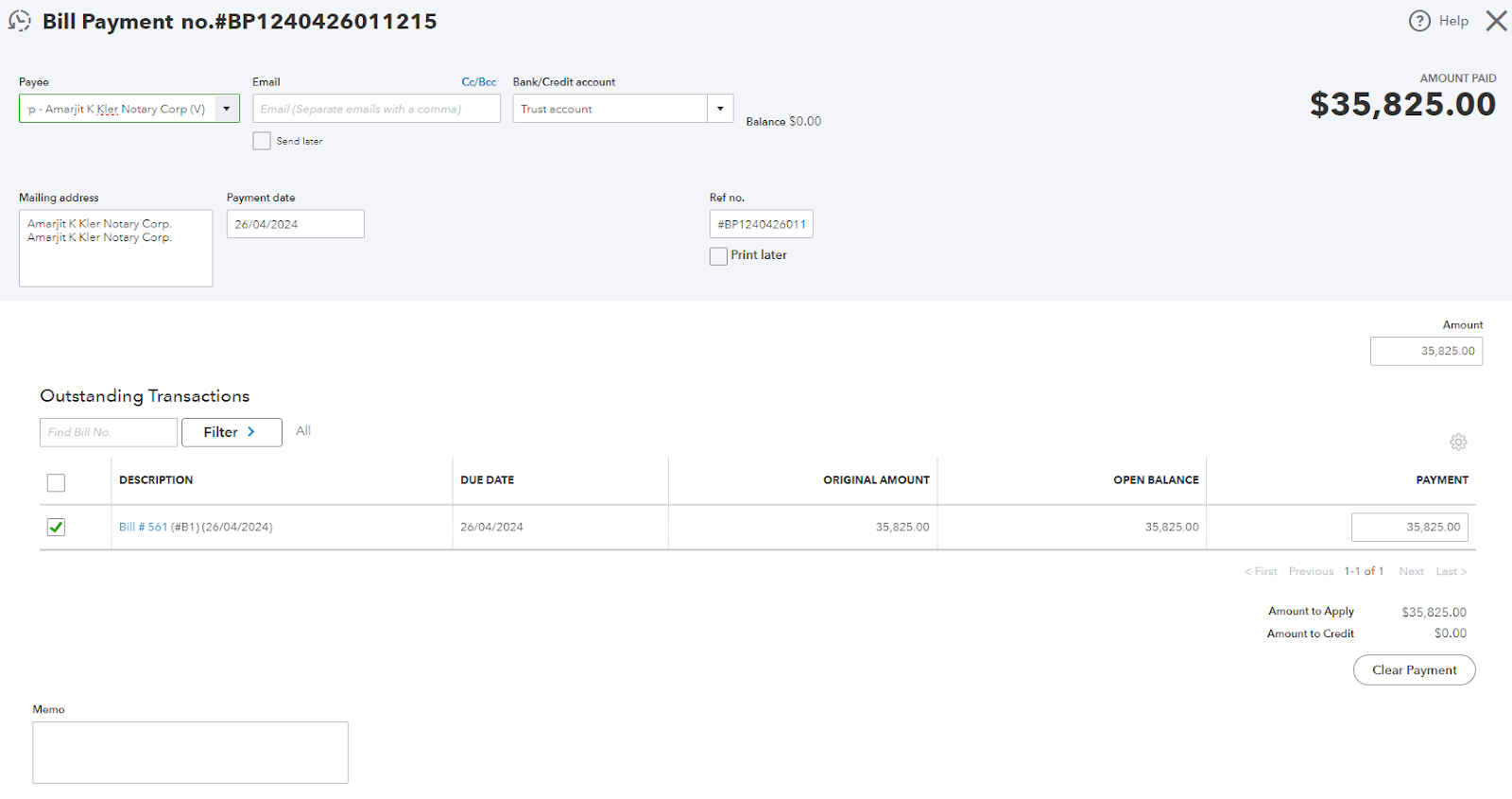 Excess Funds Bill Payment from Lawyer