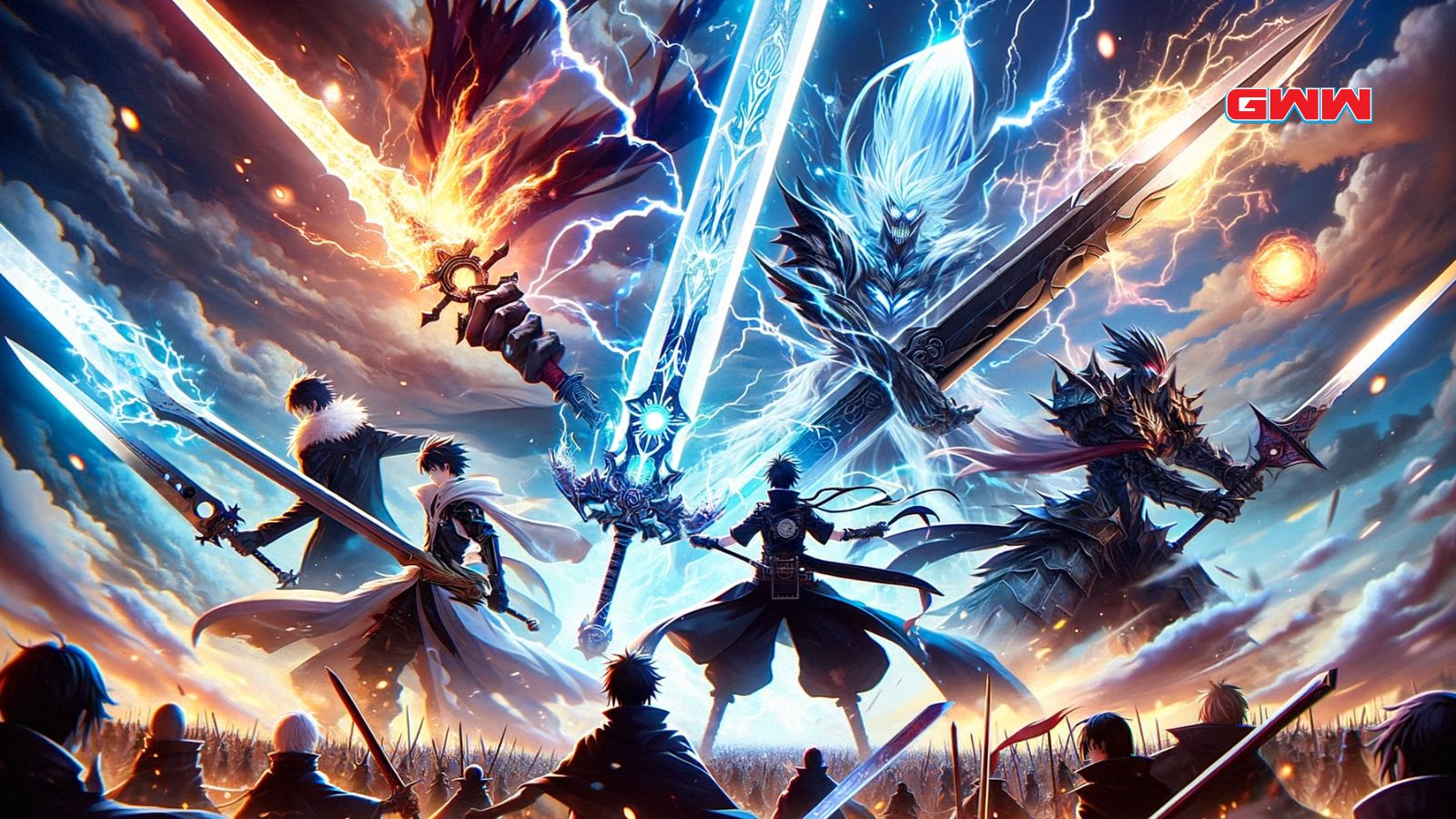 Personajes de anime en batalla con espadas místicas de anime y elementos.
