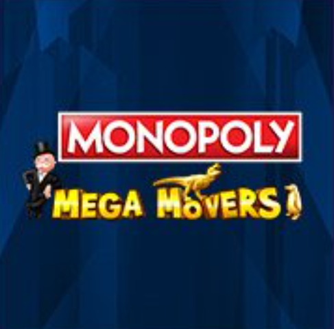 A blue background with a red sign and text which says Monopoly Mgea Movers.


