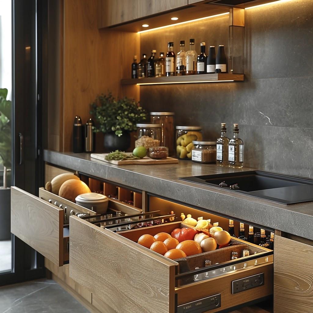 Image of a kitchen with various kitchenware and food items scattered across the countertops and open cabinets, depicting a cluttered and disorganized state before the decluttering process begins.