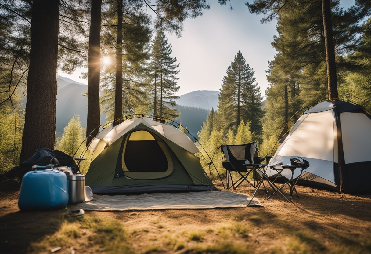 A camping cot surrounded by various outdoor gear and equipment, with a serene natural backdrop of trees and a clear sky