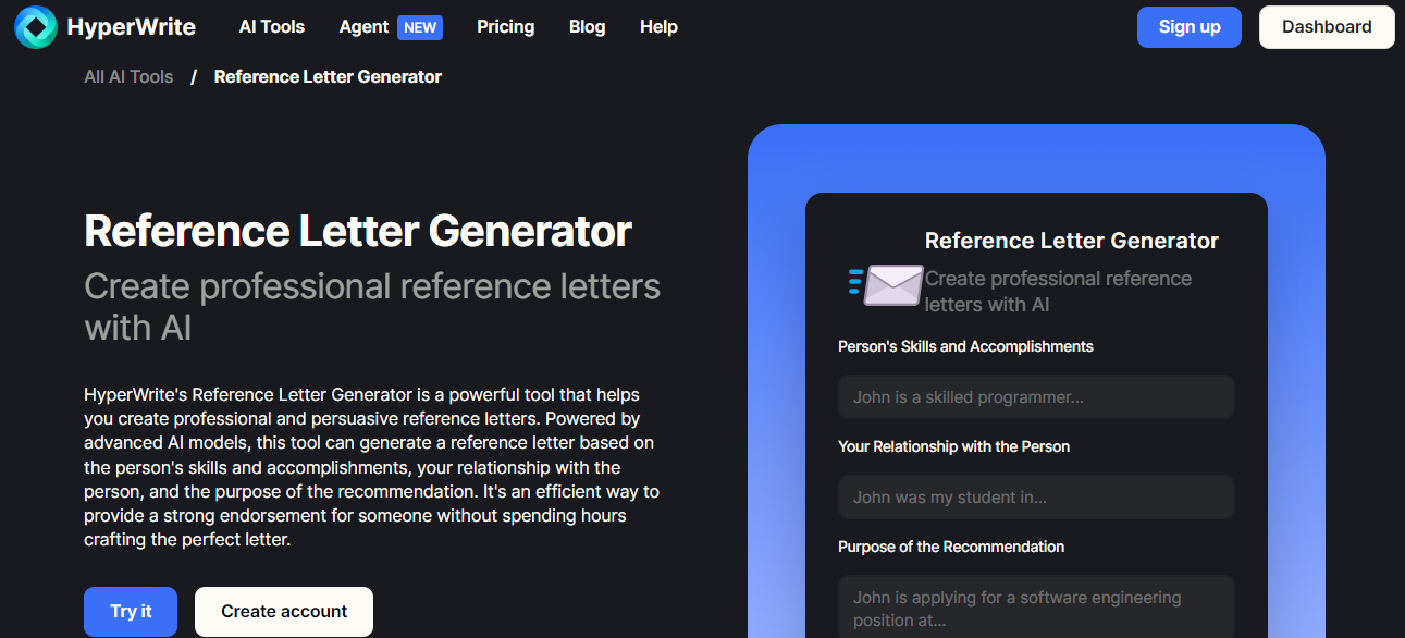 HyperWrite AI's Reference Letter Generator