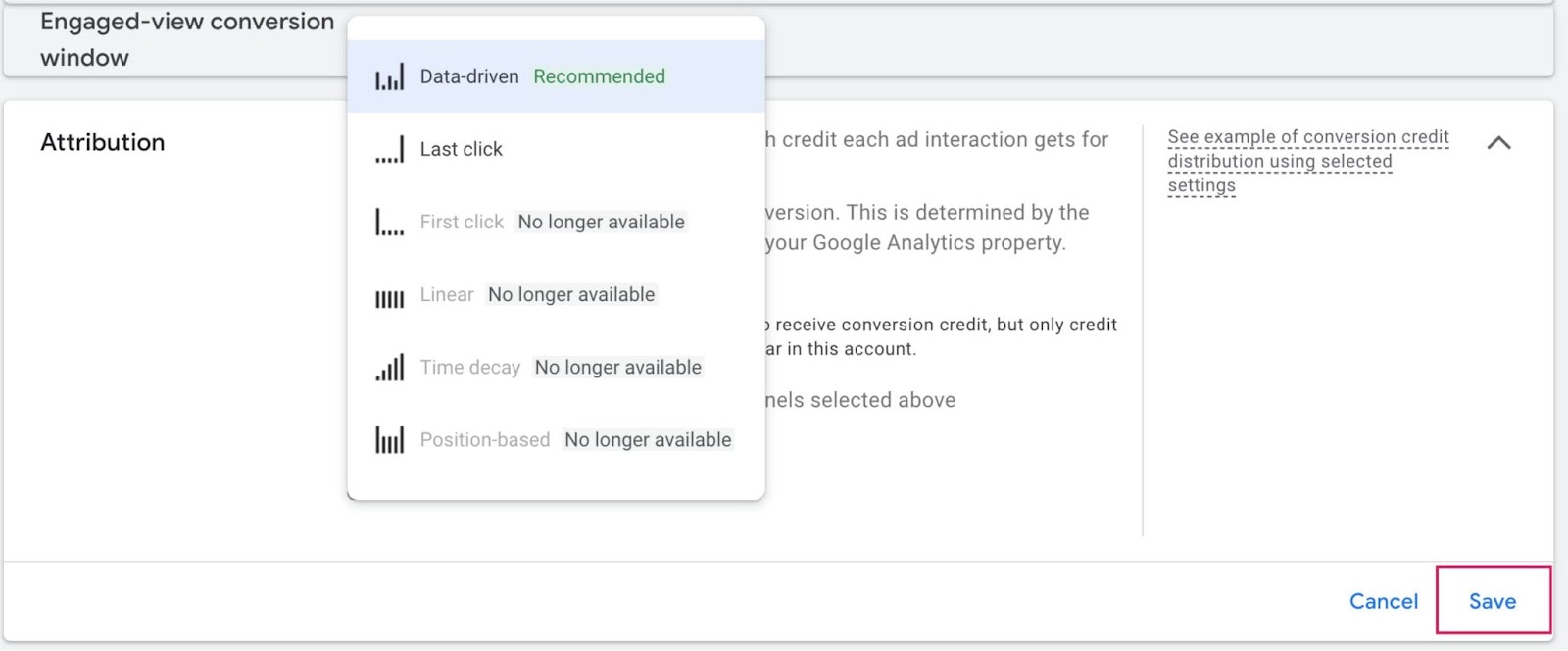 Screenshot of Step 6: Click "Save" in Google Ads Attribution settings. 
