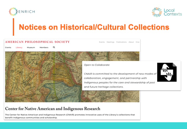 Composition of two screenshots from the “American Philosophical Society Center for Native American and Indigenous Research.” In the background, a handwritten sepia map. On top, a screenshot showing the Open to Collaborate icon, a black square with two outstretched hands facing each other in white. To the left is text, “Open to Collaborate. CNAIR is committed to the development of new modes of collaboration, engagement, and partnership with Indigenous peoples for the care and stewardship of past and future heritage collections.”