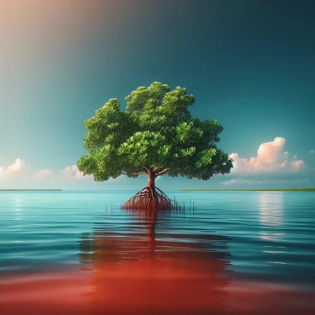 A solitary mangrove tree with lush green foliage stands in the middle of calm waters under a clear blue sky. The water has a unique reddish tint, contrasting with the blue of the sky.