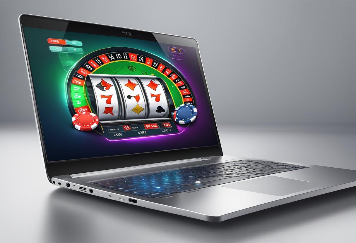 A laptop with a sleek, modern design displaying a user-friendly online casino interface on the screen, with clear navigation and engaging graphics