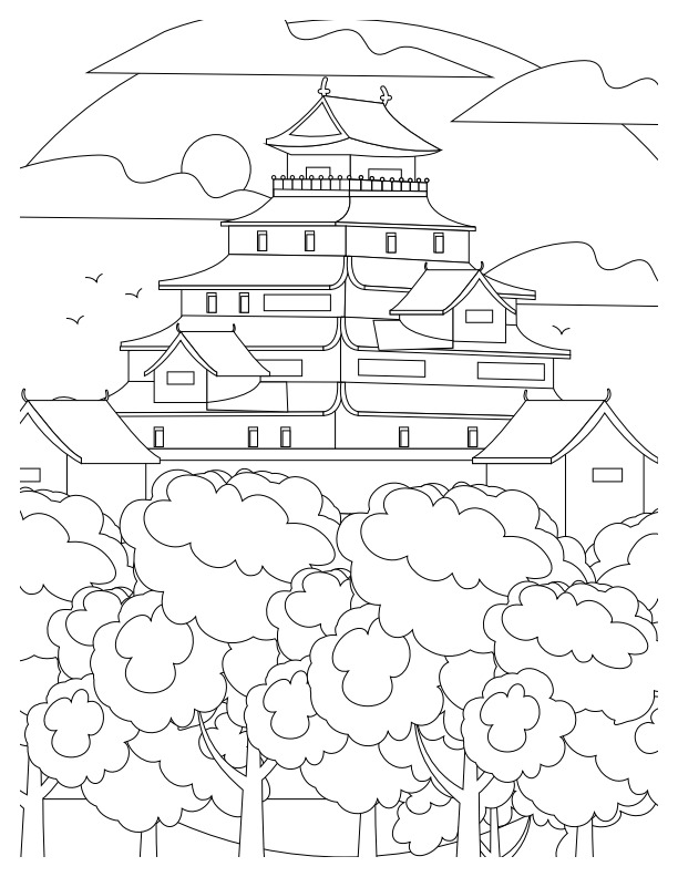 Japanese House Standing Tall Among Trees Tranquil Zen Garden Coloring Pages