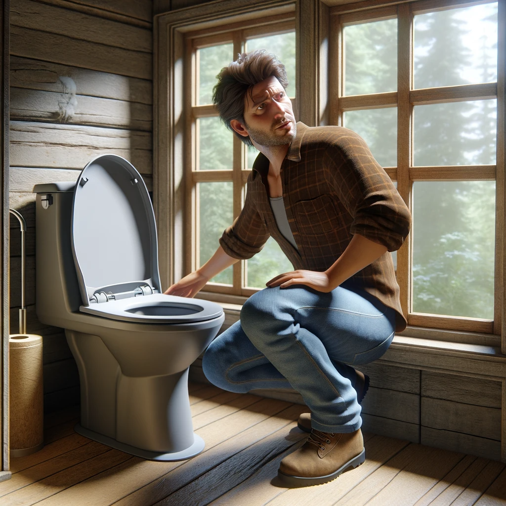 an image of a man trying to troubleshoot a composting toilet problem