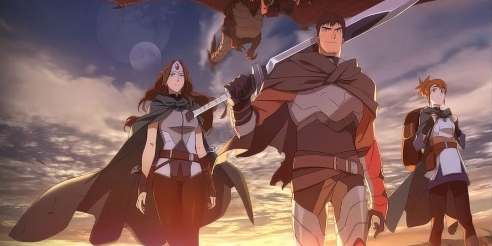 a group of fantasy warrior walking against a sunsent with a dragon above them