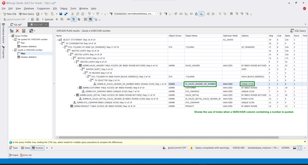 The EXPLAIN PLAN of the same query with an OR_NUMBER. The data is quoted and correct.